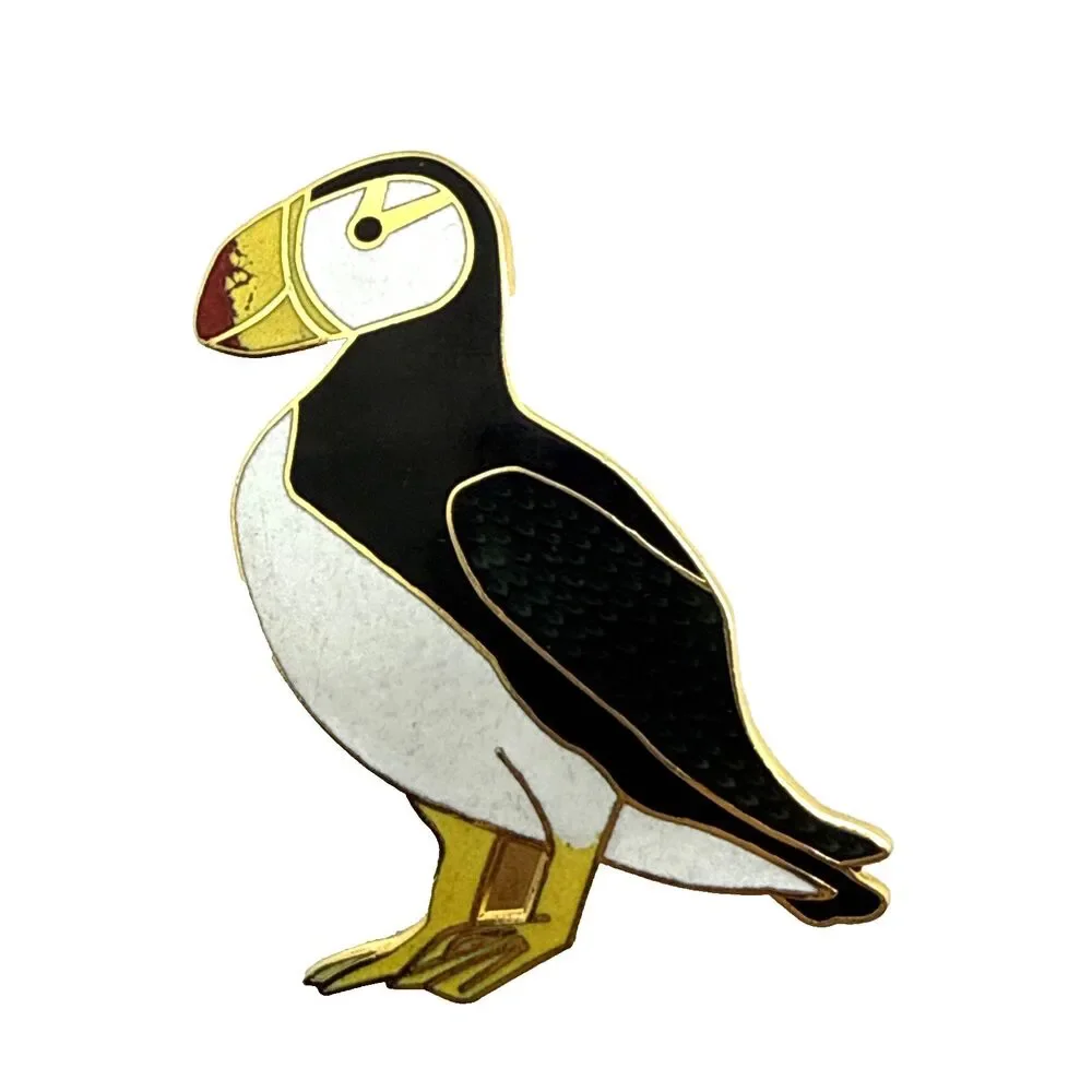 Vintage Cloisonne PUFFIN BIRD Brooch Black White Yellow Enamel Lapel Pin 2